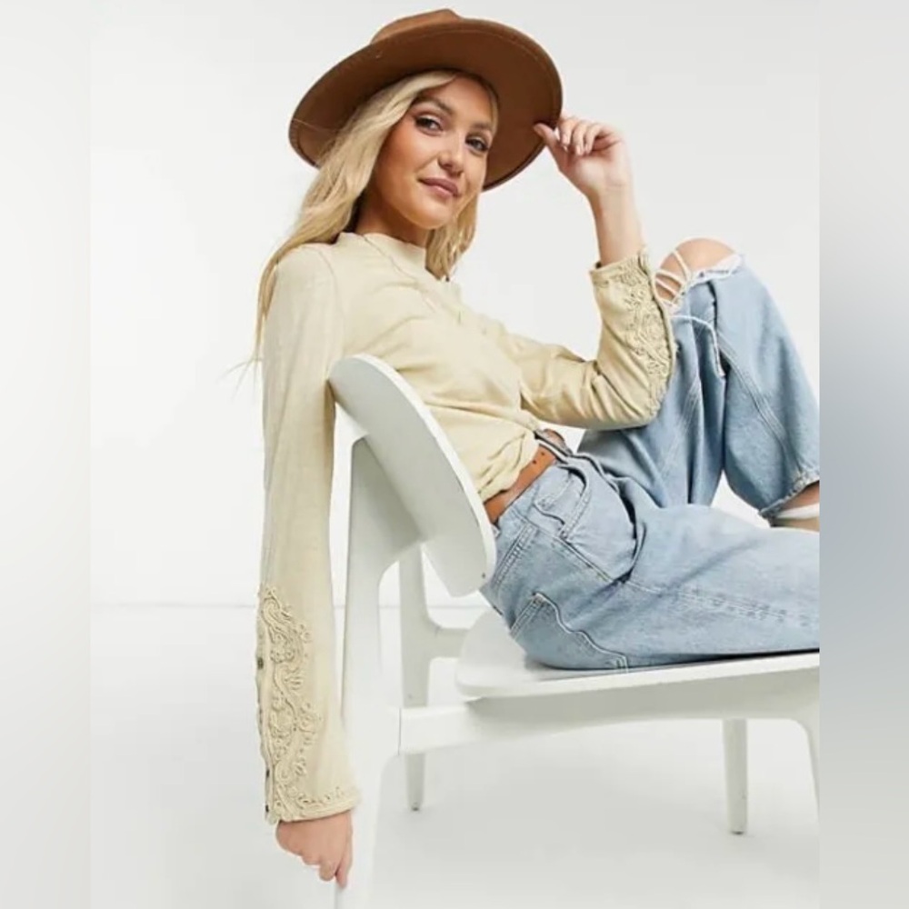 NWT Free People Long Sleeve Top Shirt Embroidered Cuff Hooked on You Wheat